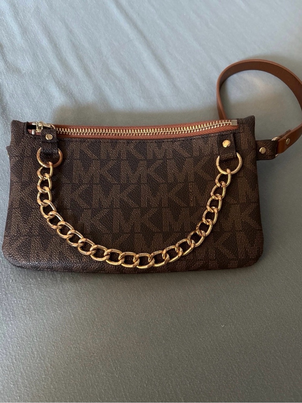 Michael Kors Brown Monogram Waist Bag Fanny Pack Gold Chain